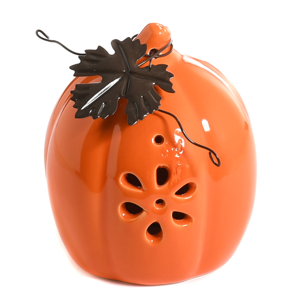 Ceramic Pumpkin Accent with Metal Leaf Orange