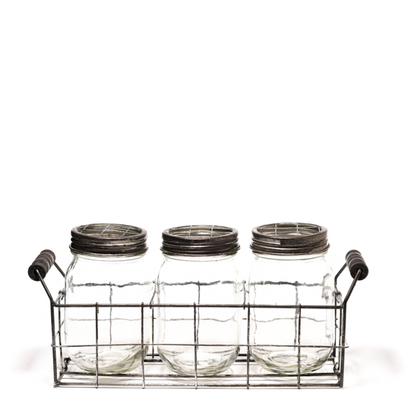 Wire Basket With 3 Glass Mason Jars